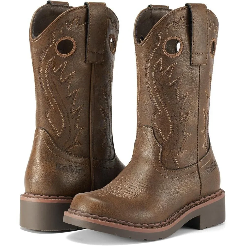 Kids Dark Brown Classic Western Boots Square Toe Girls Cowgirl Boots For Toddler